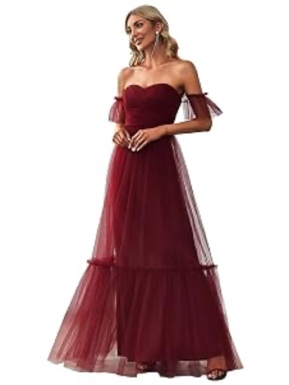 Off-Shoulder Burgundy Tulle Evening Gown